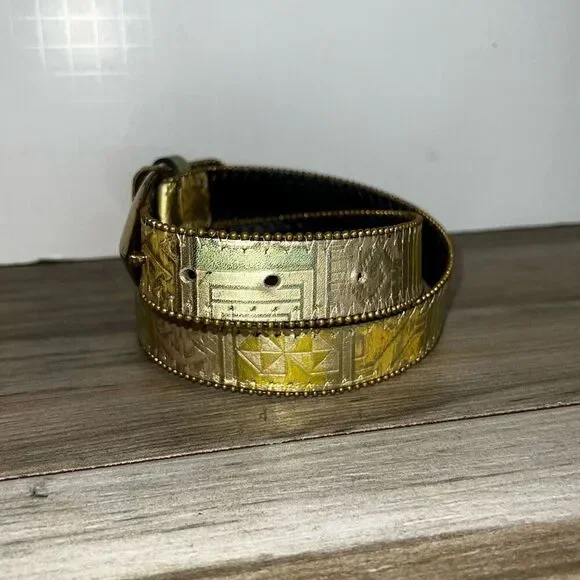 Elite Fresno California Vintage Belt Medium Multicolor Metallic Hieroglyphs Gold